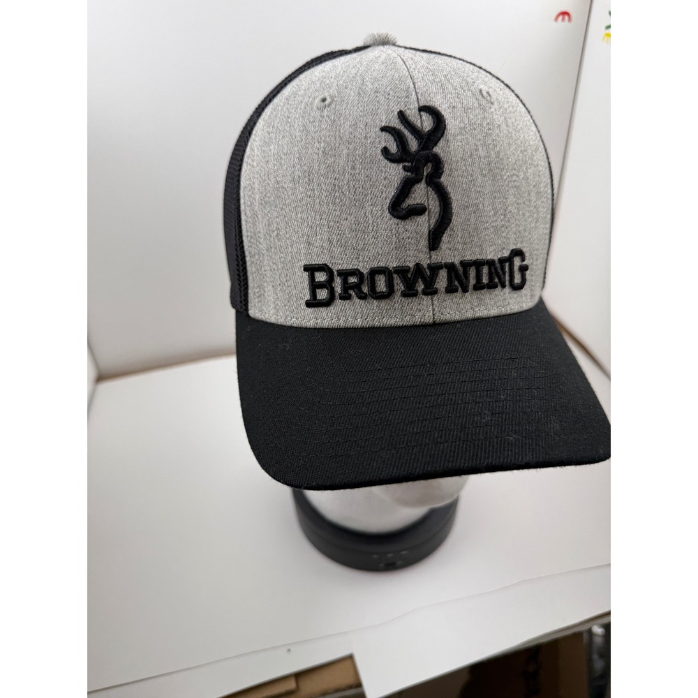 Browning Flexfit Trucker Hat Gray Black Mesh Back Buckmark Logo Stretch Fit Cap - Picture 3 of 13